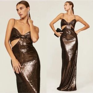 HALSTON Chloe Gown Maxi Dress in Sequins Espresso Brown Size 8